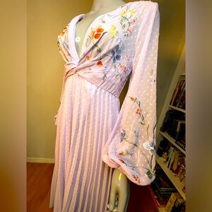 ASOS-textured twist front pleated midi dress w/all over embroidery-lilac-Purple